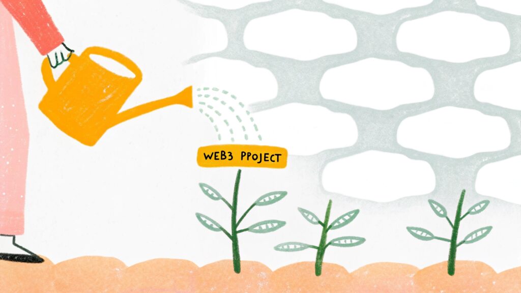 a person watering a small plant labeled 'Web3 Project' with a watering can, set against a backdrop of simple, abstract shapes representing growth, community, and digital innovation